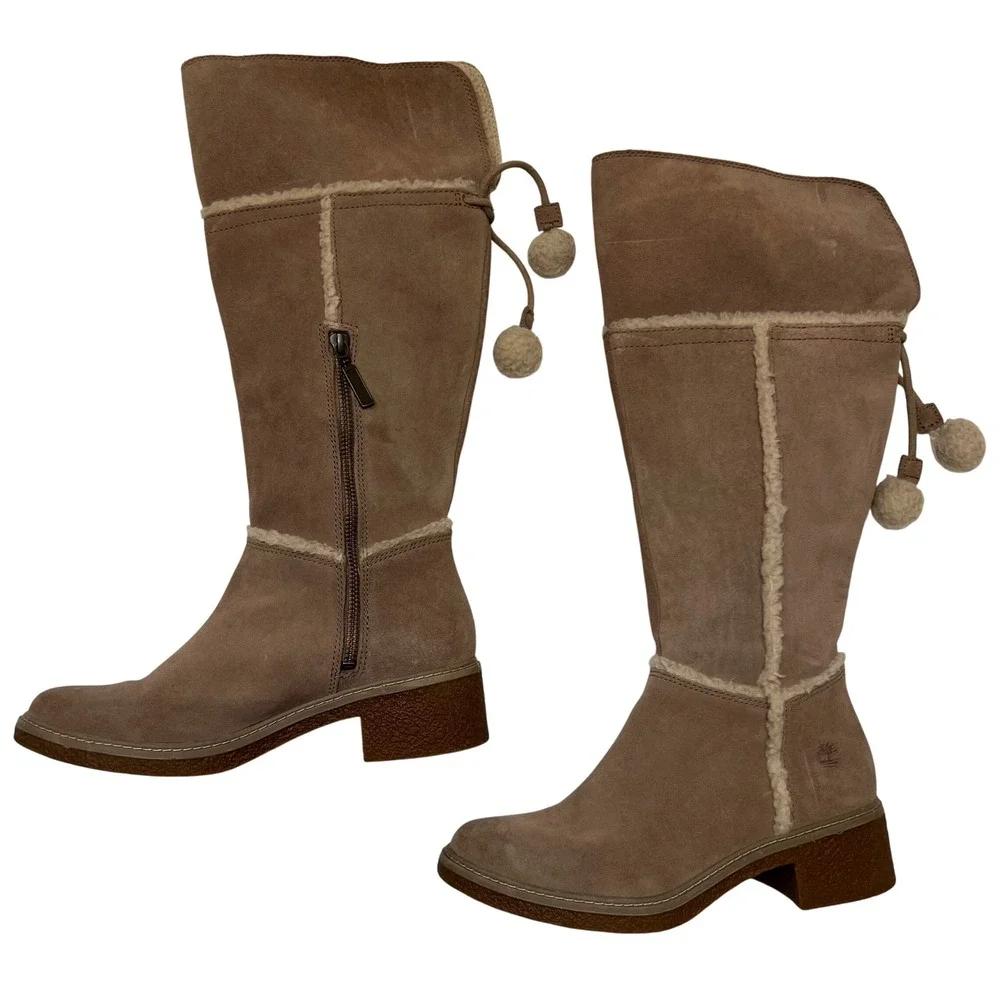 Timberland Taupe Suede‎ Shearling Pom Pom Nordic Boho Cozy Tall Boots Size 7.5